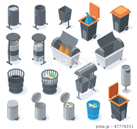 Isometric trash bins, 3d garbage rubbish can, waste recycle baskets. City waste sorting and recycling containers vector illustration set. Garbage containers 87778351