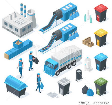 Isometric waste recycle, garbage plant, truck, industrial landfill environment. Garbage recycling, garbage can and scavengers vector illustration set. Waste recycling 87778352