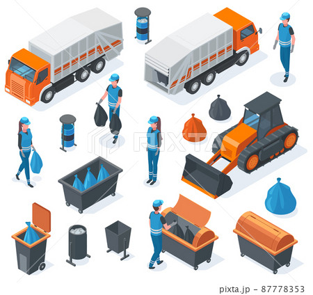 Isometric 3d garbage landfill, bulldozer, trash truck and scavengers. Garbage recycling equipment and garbage containers vector illustration set. City waste recycling service 87778353