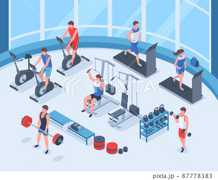Isometric fitness sport, people workout in gym interior. Human characters working with gymnastic equipment vector illustration set. Gym and workout room Isometric fitness sport, people workout in gym interior. Human characters working with gymnastic equipment vector illustration set. Gym and workout room 87778383