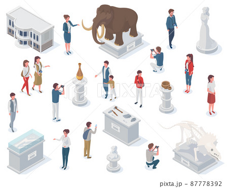 Isometric museum exhibits, ancient statue, archeology exposure. Ancient tools and totems collection vector illustration. Mammoth and antique sculpture 87778392