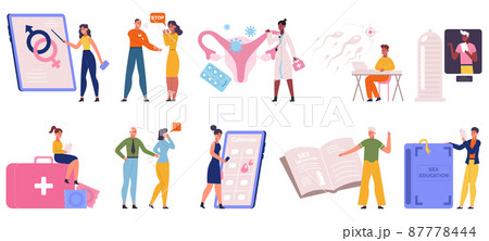Sexual education, harassment, sex behaviour and health. Sexually transmitted diseases and contraception vector illustration set. Health and reproduction system lesson 87778444