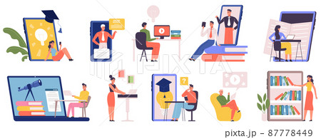 Online education, video language training, digital workshop, e-learning concept. Learning online at home by video call vector illustration set. E-learning, online education 87778449