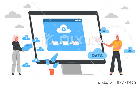 Online storage, cloud hosting, hardware platform technology concept. Network online cloud services vector illustration. Cloud technology it specialists concept 87778458