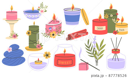 Scented candles, aromatherapy wax lit candles, cozy home accessory. Paraffin aroma therapy decorative candles vector illustration set. Cartoon aromatic candles 87778526