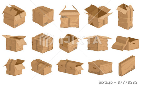 Damaged carton cardboard boxes, crumpled delivery package. Broken, wet, torn carton delivery boxes vector illustration set. Carton damaged cardboard package Damaged carton cardboard boxes, crumpled delivery package. Broken, wet, torn carton delivery boxes vector illustration set. Carton damaged cardboard package 87778535