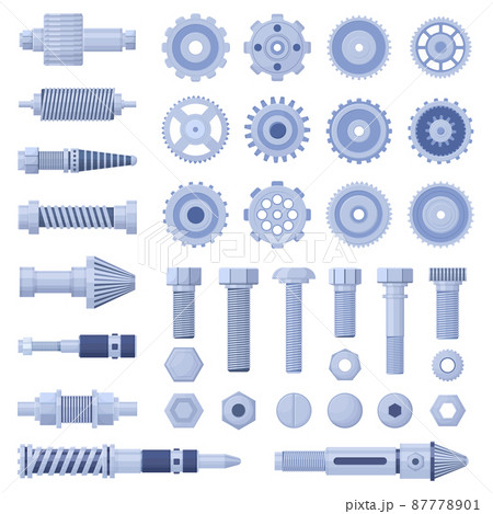 Mechanical engine industrial pulley, screw, bolt cog and cogwheel. Hydraulic machines parts, screws and nuts vector illustration. Machinery bolts and gears 87778901