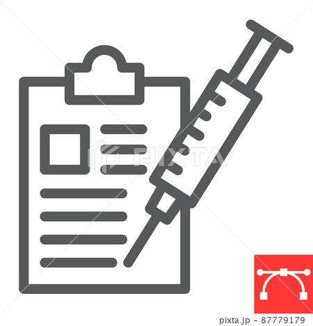Immunization program line icon, vaccine and injection, clipboard with syringe vector icon, vector graphics, editable stroke outline sign, eps 10. 87779179
