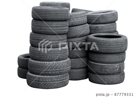 old used car tire stack pile isolated on white background 87779331