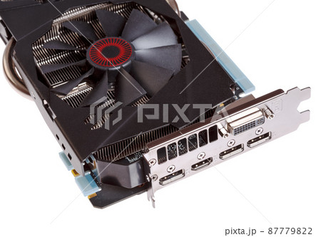 Video card with HDMI, Displayport and DVI connectors isolated on a white background. 87779822