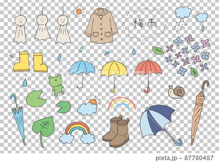 梅雨にまつわる手描きイラストセット（カラー） 87780487