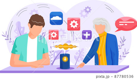 Voice assistant. Smart speaker virtual assistant, sound robot, people using voice controlled smart speaker Voice assistant. Smart speaker virtual assistant, sound robot, people using voice controlled smart speaker 87780536