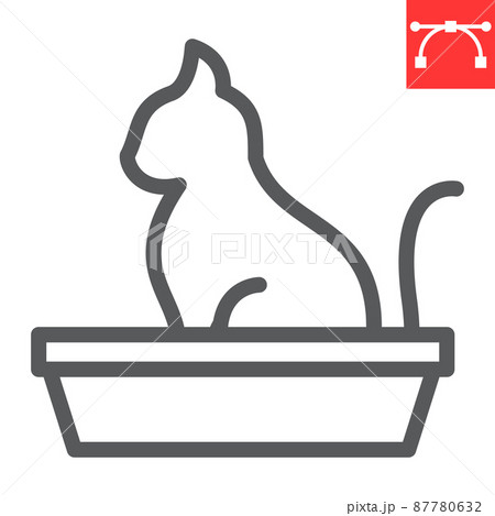 Cat in pet tray line icon, pet shop and sandbox, cat tray vector icon, vector graphics, editable stroke outline sign, eps 10. 87780632