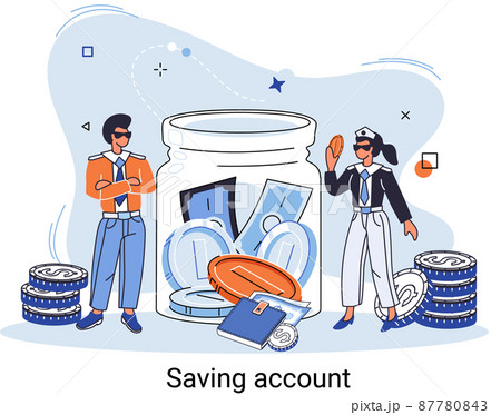 Saving account concept. People with coins and piggy bank. Bank account accumulation of funds, wealth Saving account concept. People with coins and piggy bank. Bank account accumulation of funds, wealth 87780843