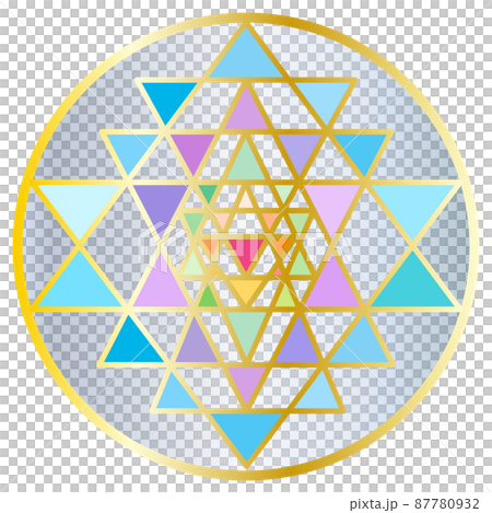 シュリ―・ヤントラ（神聖幾何学模様）、輝くゴールドとカラフルな彩色
