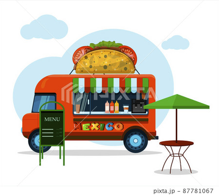 Vector street truck with Mexican food. Flat cartoon illustration of van selling taco, nachos at fairs, street, Park, festival. Outdoors stall with fast food in city. Ethnic menu for Cinco de mayo 87781067
