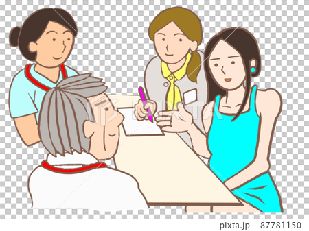 退院支援カンファレンス　パーソナリティ障害の女性と精神科医と看護師と精神保健福祉士のイラスト 87781150