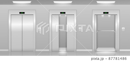 Realistic 3d Detailed Elevator with Opened and Closed Metal Doors Modern Interior Office or Hotel. Vector realistic empty lobby interior with lift Realistic 3d Detailed Elevator with Opened and Closed Metal Doors Modern Interior Office or Hotel. Vector realistic empty lobby interior with lift 87781486