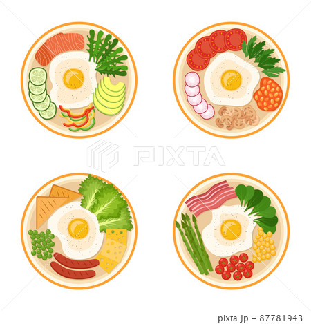 Set of breakfasts with fried eggs, greens, vegetables, bacon, sausages, salmon, cheese, beans, vector illustration 87781943