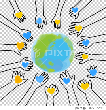 Illustration of a hand with a blue and yellow heart and the earth 87782290