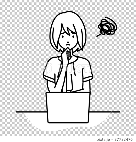 An office casual woman sitting at a desk and having trouble opening her PC 87782476