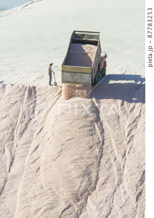 Trucks unloading raw salt bulk, Salinas Grandes de Hidalgo, La Pampa, Patagonia,  Argentina. 87783253