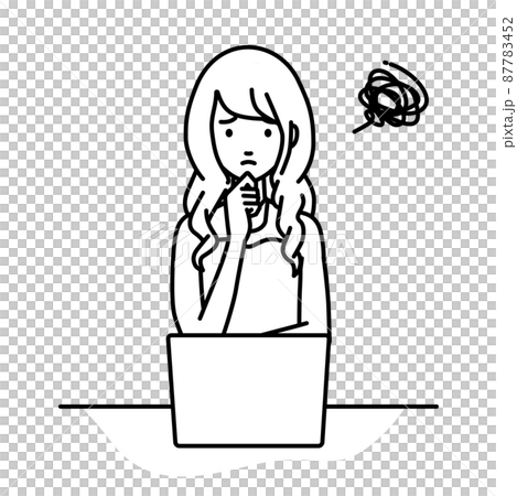デスクで座ってPCを開いて困っているドレスの女性 87783452