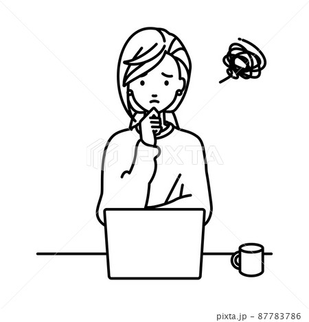 デスクで座ってPCを開いて困っているリモートワークの女性 87783786