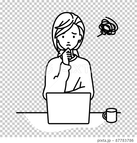 デスクで座ってPCを開いて困っているリモートワークの女性 87783786