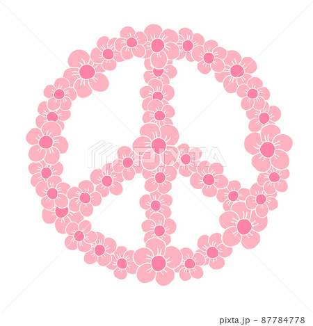 Vector Hand Drawn Pink Peace Sign With Flowersのイラスト素材