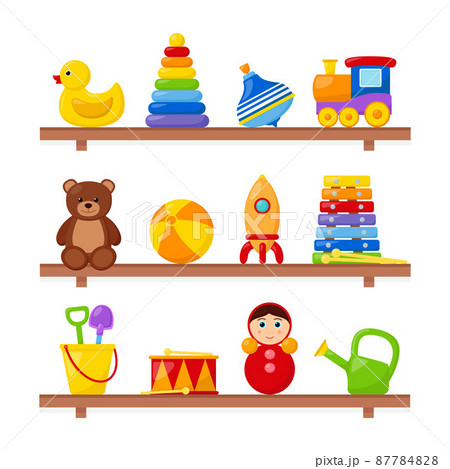 Kid toys on wooden shelves, vector illustration 87784828