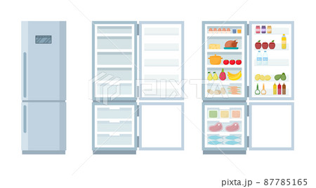 Closed and open empty refrigerator. Fridge and freezer full of food, vector illustration 87785165