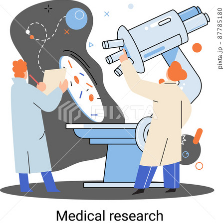 Medical research metaphor. Laboratory diagnostic services. Scientists work with equipment and microscope 87785180