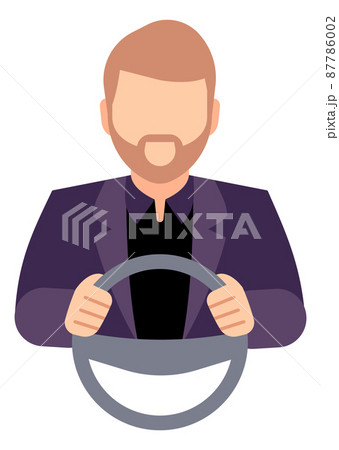 Driving person icon. Car travel symbol. Man steering auto 87786002