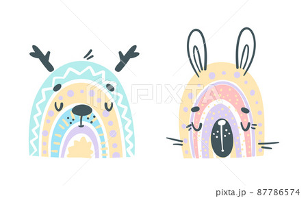 Cute baby animal portraits. Adorable animal faces of reindeer and rabbit cartoon vector illustration 87786574