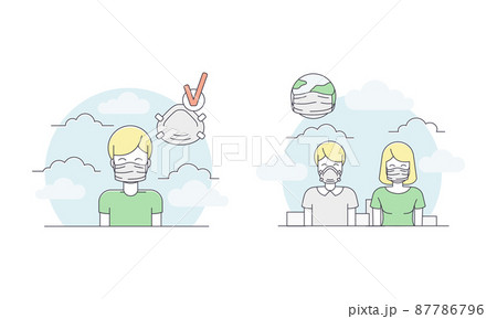 People wearing medical face mask. Coronavirus pandemic safety measures vector illustration 87786796
