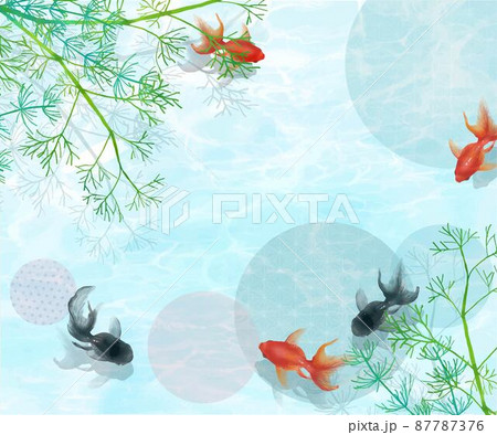 水草のある水の中を黒と赤の金魚が優雅に泳ぐ水の波紋が美しいデザイン