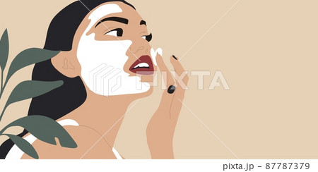 Beautiful young woman applying cosmetic product. Woman face and green plant. Skin care banner. Skincare routine, mask applying and cosmetics. Vector concept illustration. Beautiful young woman applying cosmetic product. Woman face and green plant. Skin care banner. Skincare routine, mask applying and cosmetics. Vector concept illustration. 87787379