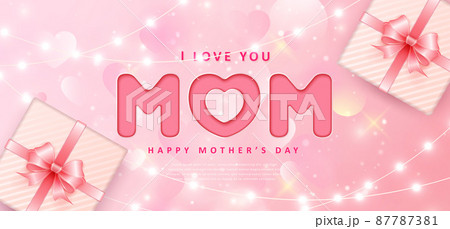 Happy mother's day 3D present gift box with pink ribbon flower and strip light 87787381