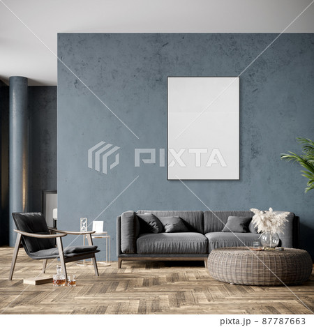 Mock up poster frame in modern interior background, living room, Boho - Scandinavian style, 3D render, 3D illustration 87787663