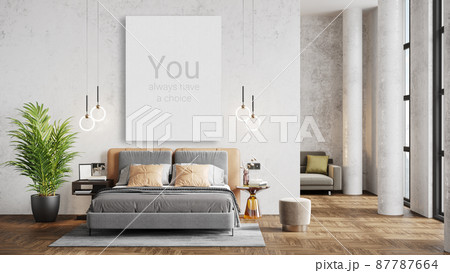 mock up poster frame in modern interior background, bedroom, Boho - Scandinavian style, 3D render, 3D illustration 87787664