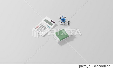 平面上に置かれたミニチュアのベッドと車イス、および電卓の3Dレンダリングイラスト 87788077