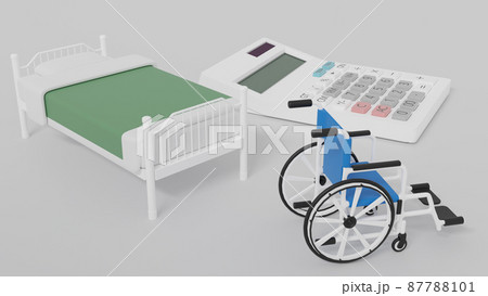 平面上に置かれたミニチュアのベッドと車イス、および電卓の3Dレンダリングイラスト 87788101