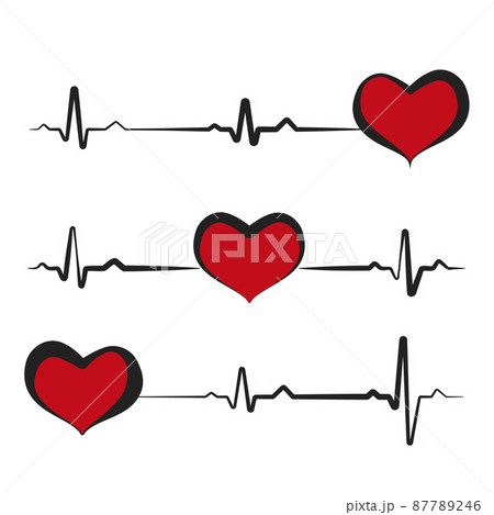 Black heartbeat with red heart isolated on white background. Electro-cardiogram, pulse of heart. Love icon, logo. Design element for medicine, Valentine's day. Vector illustration. EPS10. 87789246