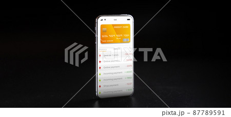 E banking concept. Mobile phone with internet online bank app. Credit card on black background. Online wallet save money. 87789591