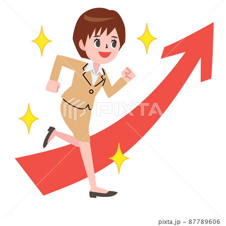 笑顔で走る若いビジネスウーマンと上向き矢印 87789606