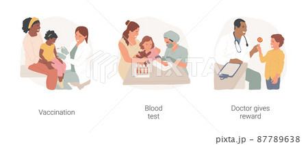Visiting pediatrician isolated cartoon vector illustration set. Doctor making injection, child immunization schedule, nurse taking blood, kid crying, pediatrician gives reward vector cartoon. 87789638