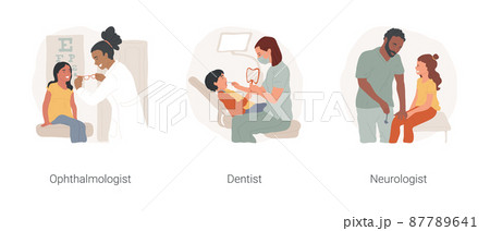 Visit specialist isolated cartoon vector illustration set. Pediatric ophthalmologist, eye specialist, kid in dentists chair, denta examination, child neurologist knocking knee vector cartoon. 87789641