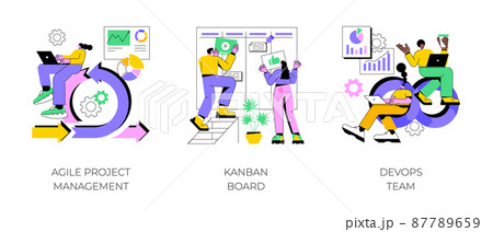Software development company abstract concept vector illustration set. Agile project management, kanban board, devOps team, scrum meeting, project life cycle, stakeholder, testing abstract metaphor. 87789659
