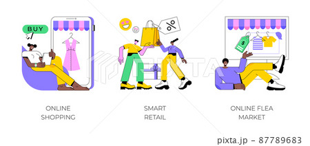 E-commerce platform abstract concept vector illustration set. Online shopping, smart retail, online flea market, internet store, mobile application, digital product catalog, auction abstract metaphor. 87789683